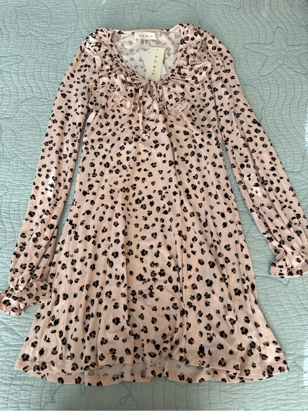 Romy Blush Pink Leopard-Print Ruffle Tie Long-Sleeve Dress